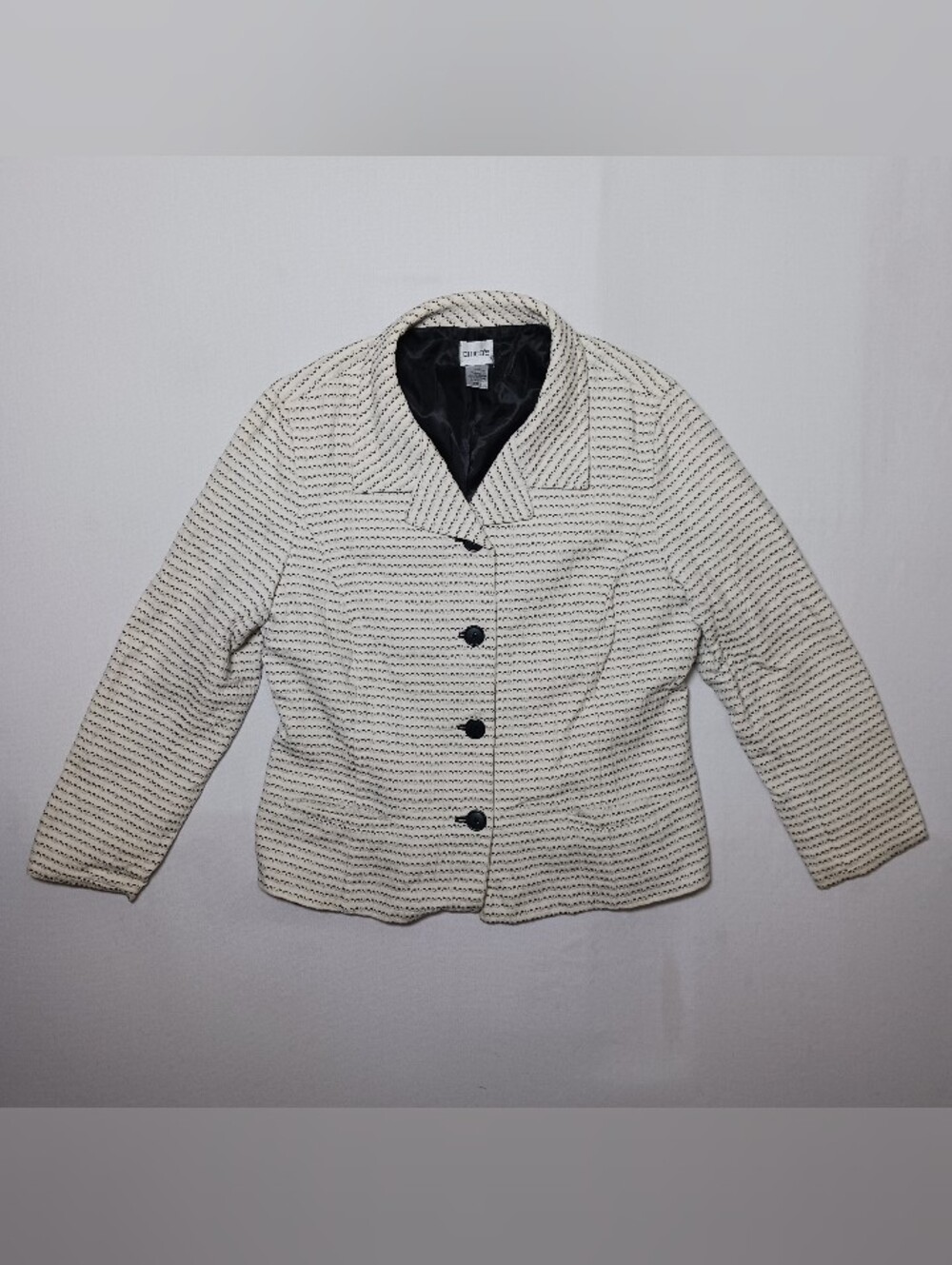 Chico's 4 Button Marled Tweed Cotton Blazer Large Size 2 Black White Textured
